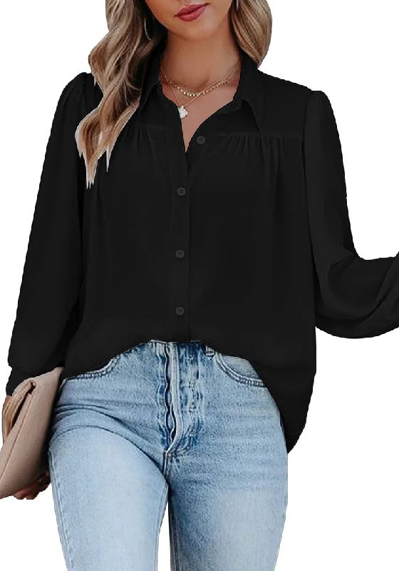 Black Lantern Sleeves Button-Down Pleated Chiffon Top