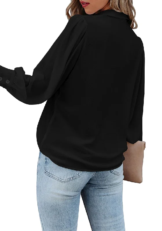 Black Lantern Sleeves Button-Down Pleated Chiffon Top