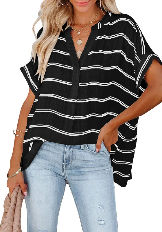 Black Split V-Neckline Batwing Sleeves Striped Loose Top