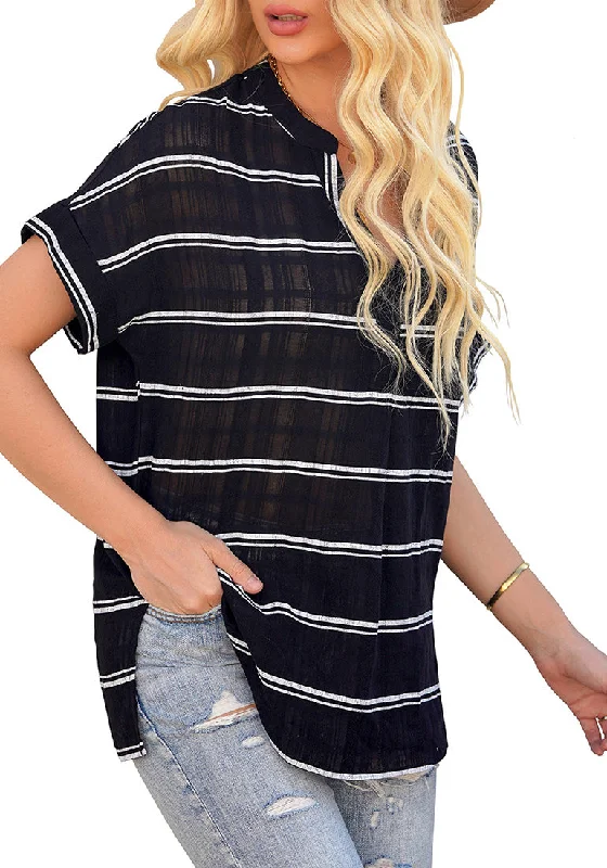 Black Split V-Neckline Batwing Sleeves Striped Loose Top