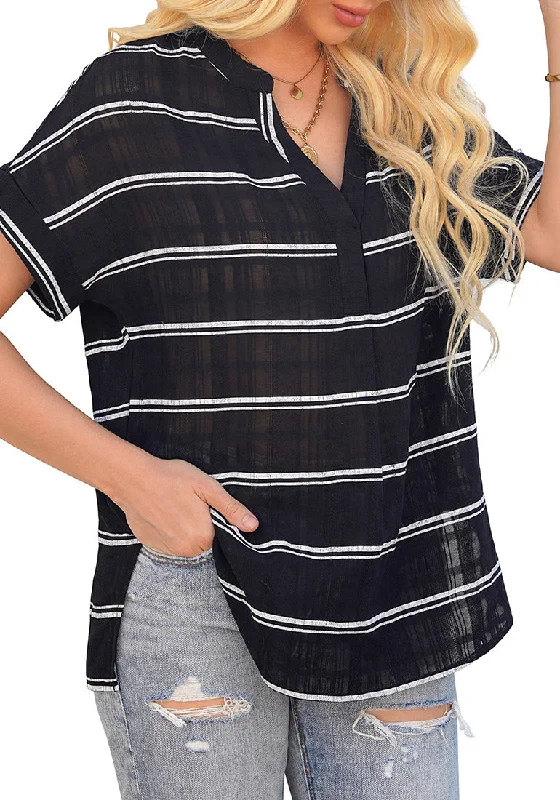 Black Split V-Neckline Batwing Sleeves Striped Loose Top