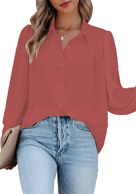 Dark Blush Lantern Sleeves Button-Down Pleated Chiffon Top