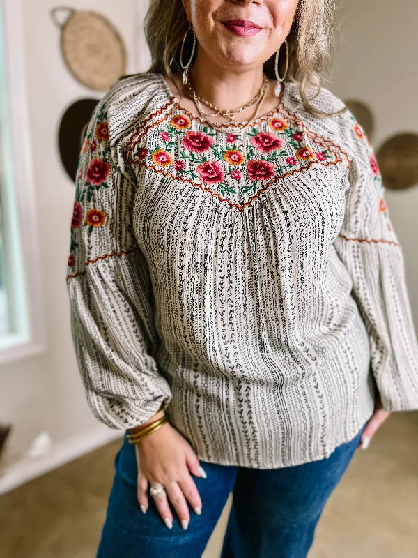 Savanna Jane | Looking For Peace Long Sleeve Tribal Print Floral Embroidered Top in Ivory