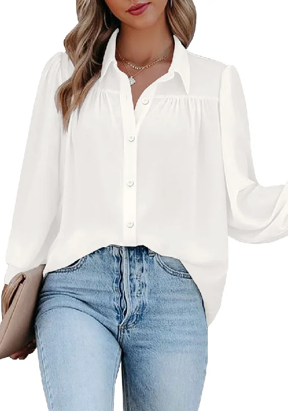 White Lantern Sleeves Button-Down Pleated Chiffon Top