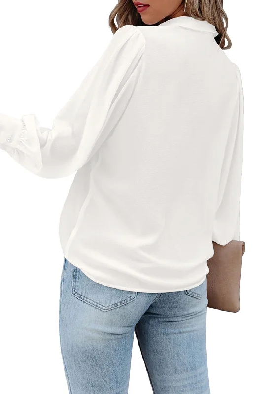 White Lantern Sleeves Button-Down Pleated Chiffon Top