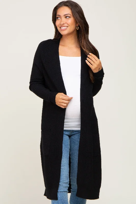 Black Open Front Long Maternity Cardigan