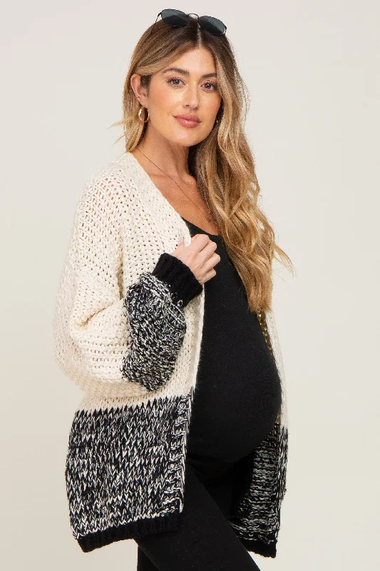 Black Open Knit Color Block Maternity Cardigan