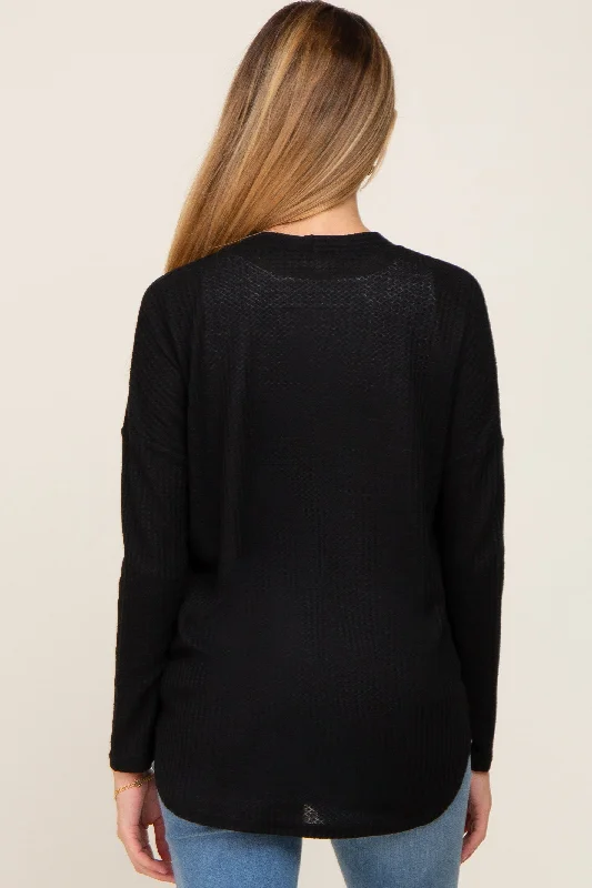 Black Waffle Knit Button Down Maternity Top