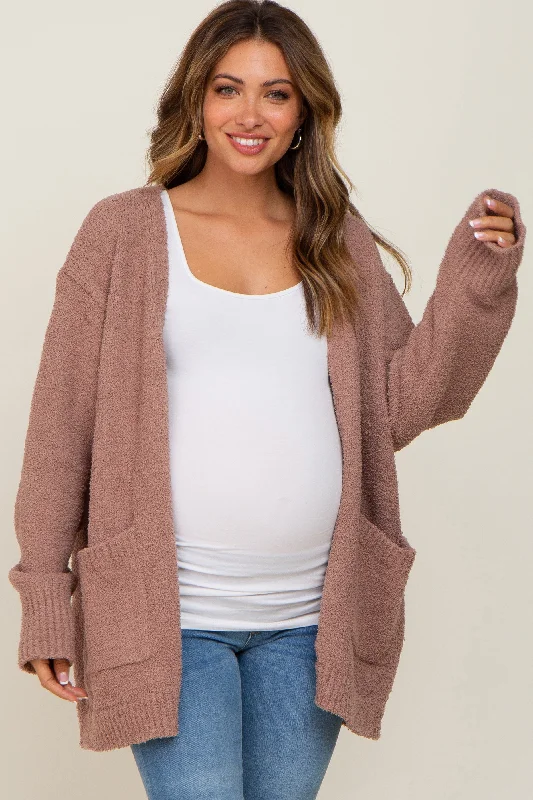 Mocha Fuzzy Knit Front Pocket Maternity Cardigan