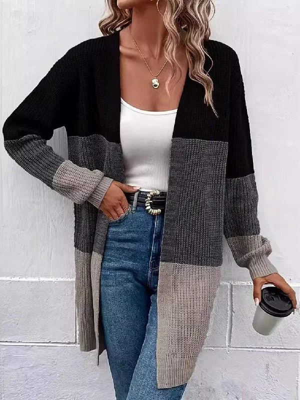 Women's Casual Contrast Color Mid-Length Knitted Cardigan