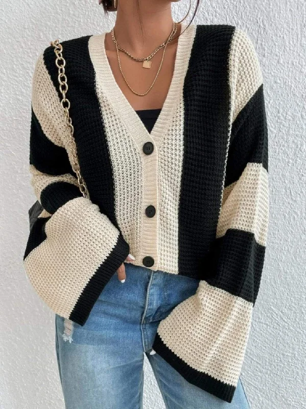 Women's Loose Striped Contrast Knitted Cardigan