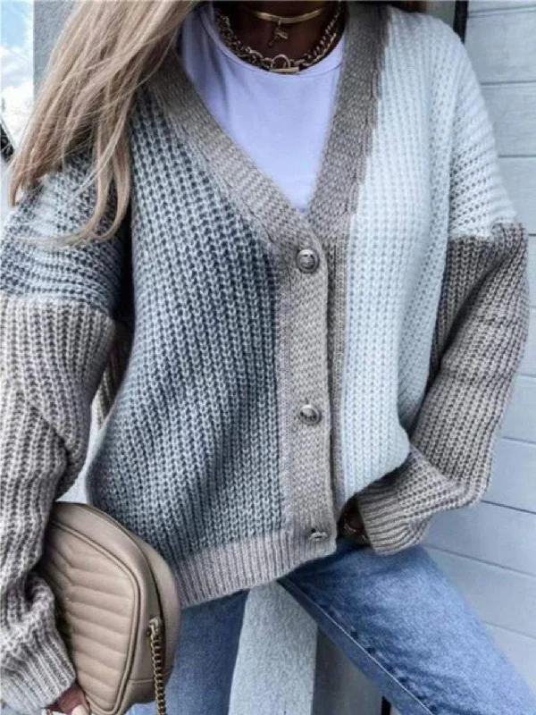 Women's Patchwork V-neck Sweater Cardigan