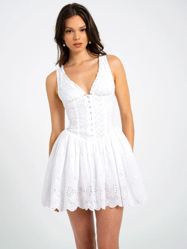 Aaliyah White Eyelet Plunging Halter Drop Waist Mini Dress