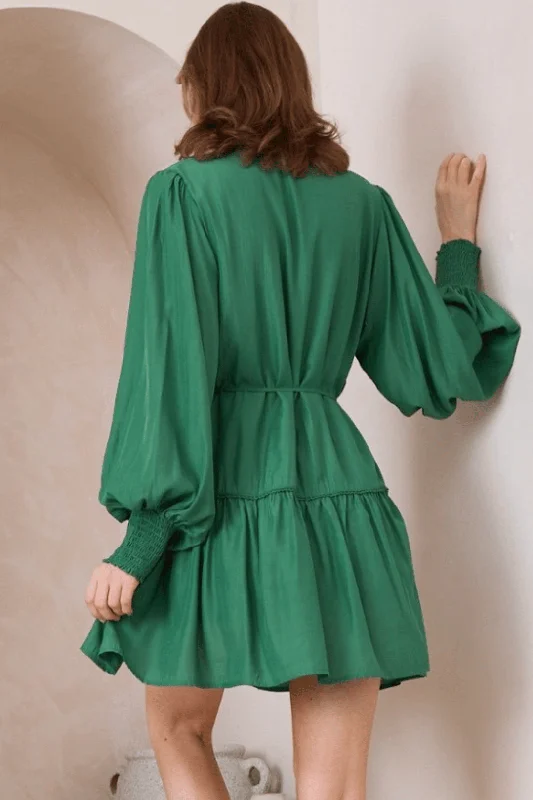 Abby Mini Dress - A Line Long Balloon Sleeve Dress in Emerald Green