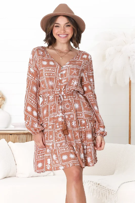 Alicia Mini Dress - A Line Tiered Dress with Pull Tie Waist in Cailan Print