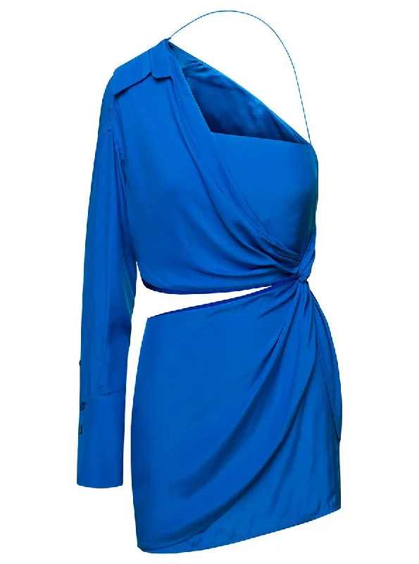 'Arica' Blue One-Shoulder Draped Mini Dress With Cut-Out Detail In Silk Woman