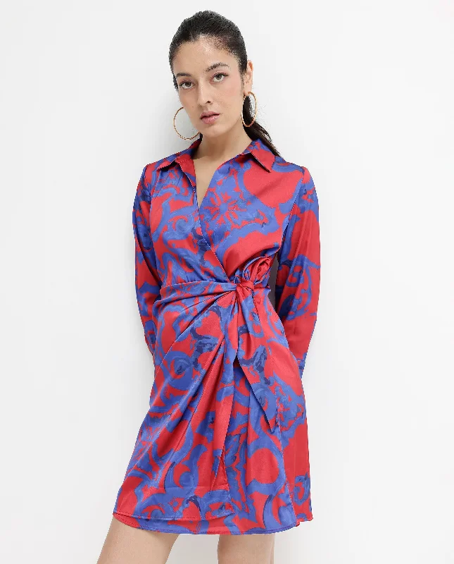 Rareism Women Cager Red Cuffed Sleeve Regular Collar Loop Wrap Abstract Print Mini Dress