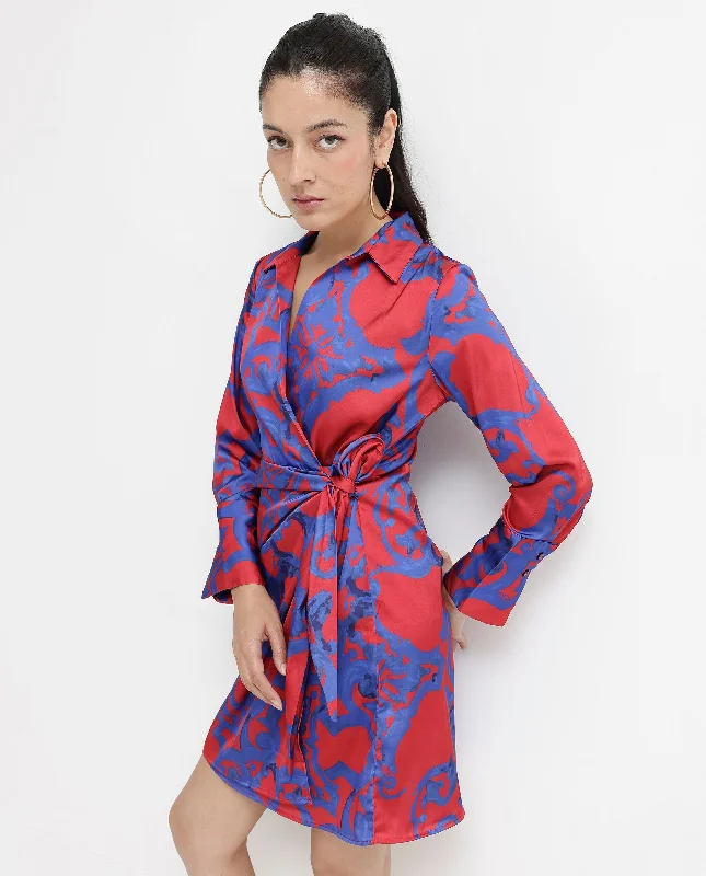 Rareism Women Cager Red Cuffed Sleeve Regular Collar Loop Wrap Abstract Print Mini Dress