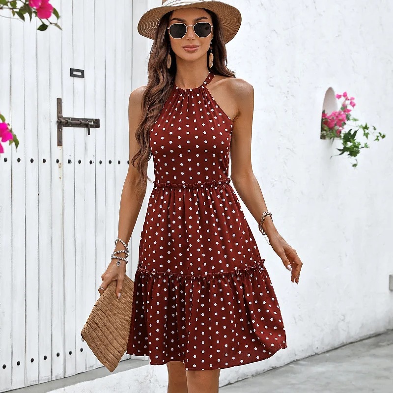 Dots Print Halter Neck Casual Mini Dress