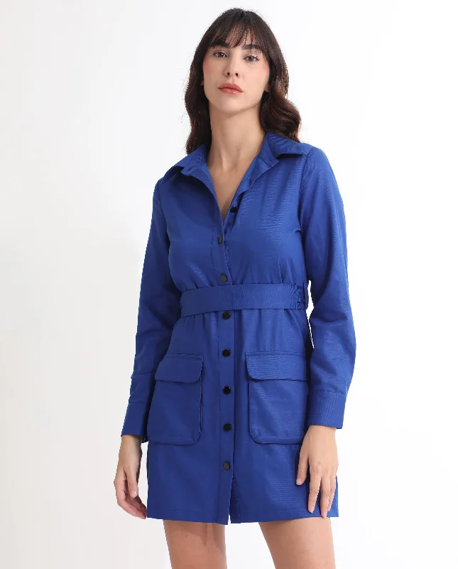 Rareism Women Fenko Fluorescent Blue Shirt Collar Full Sleeves Front Full Button Closure With Patch Pockets Mini Dress