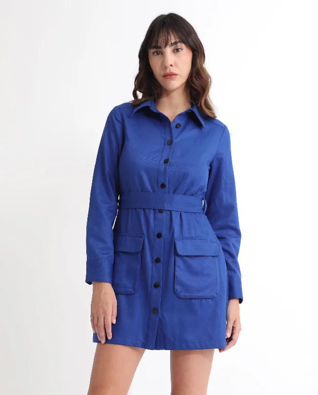 Rareism Women Fenko Fluorescent Blue Shirt Collar Full Sleeves Front Full Button Closure With Patch Pockets Mini Dress