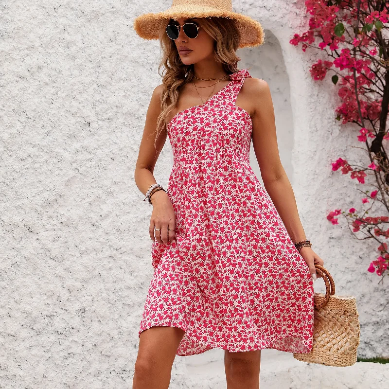 Floral Print One Shoulder Casual Mini Dress