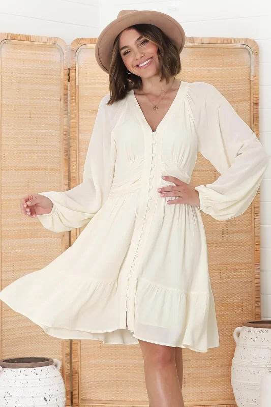 Iris Mini Dress - A Line Gathered Waist Button Down Dress in Cream