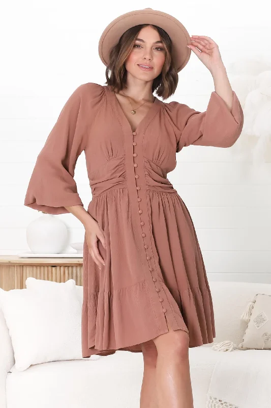 Iris Mini Dress - A Line Gathered Waist Button Down Dress in Dark Blush