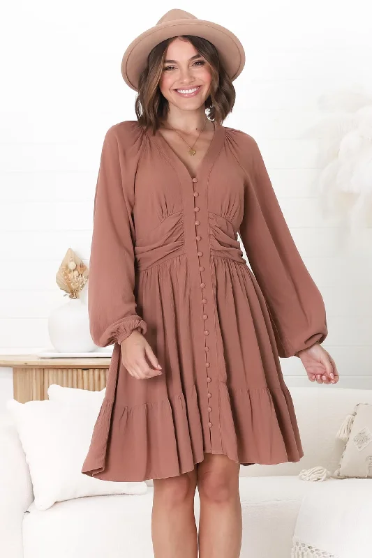 Iris Mini Dress - A Line Gathered Waist Button Down Dress in Dark Blush