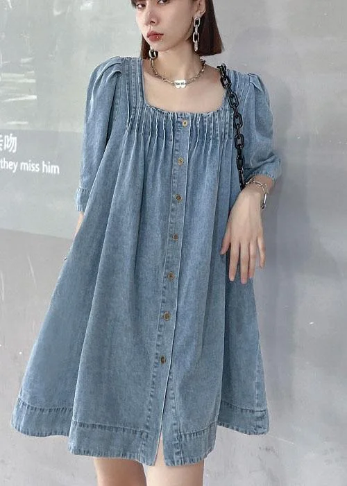 Italian Light Blue Square Collar Button Denim Summer Mini Dress