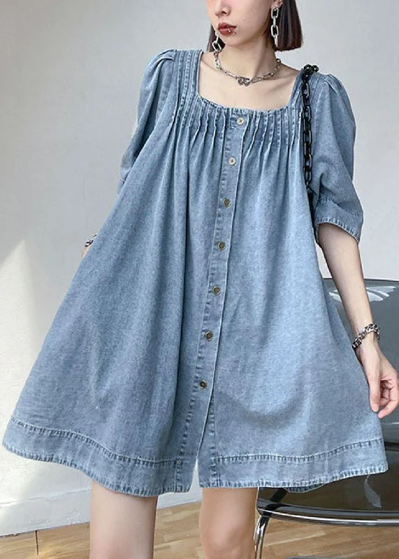 Italian Light Blue Square Collar Button Denim Summer Mini Dress