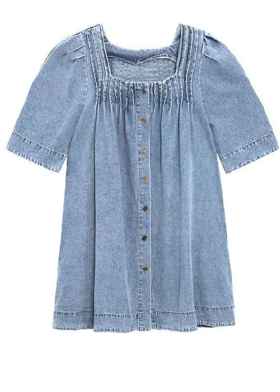 Italian Light Blue Square Collar Button Denim Summer Mini Dress