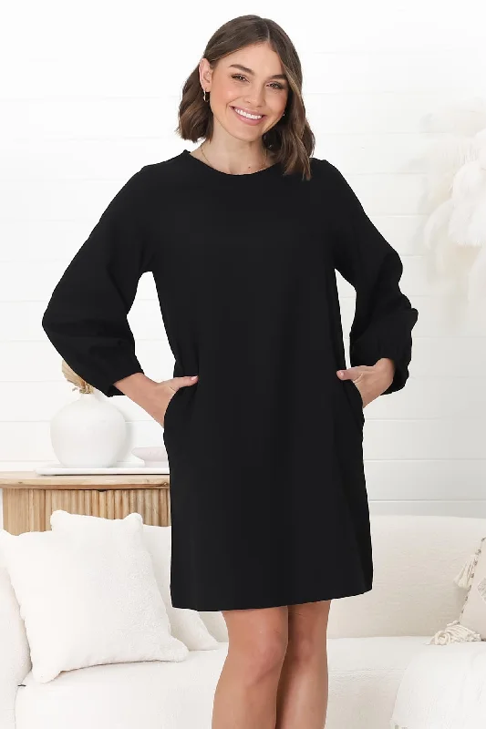 Ivanna Mini Dress - Crew Neck Shift Dress with Balloon Sleeves in Black