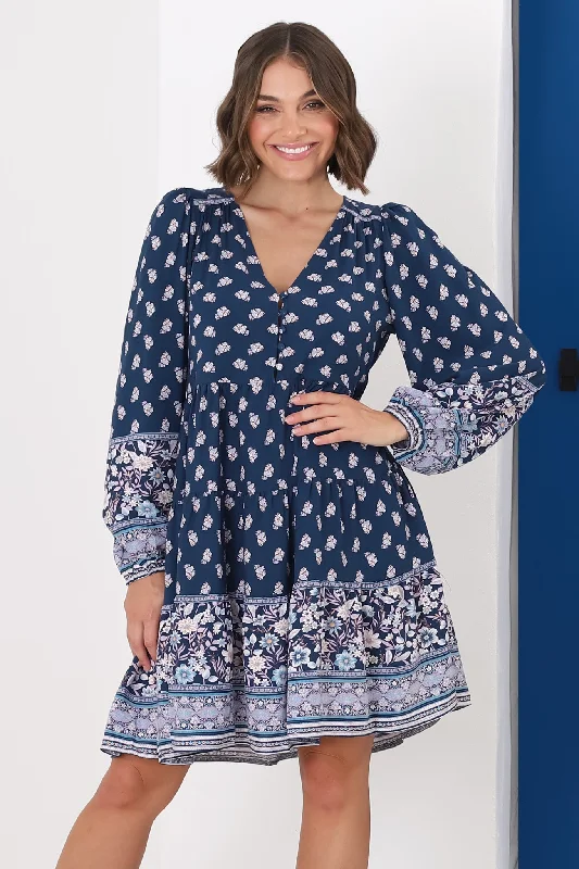 Jaynie Mini Dress - Long Balloon Sleeve Smock Dress in Linnie Print