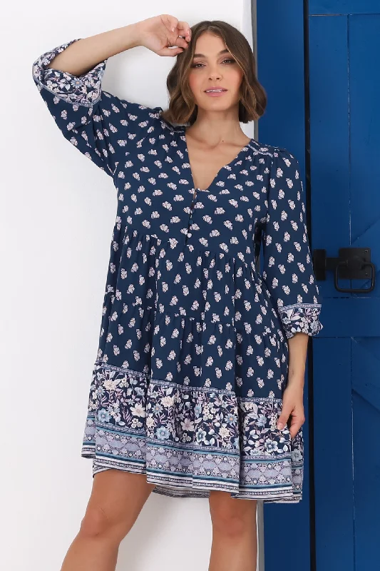 Jaynie Mini Dress - Long Balloon Sleeve Smock Dress in Linnie Print