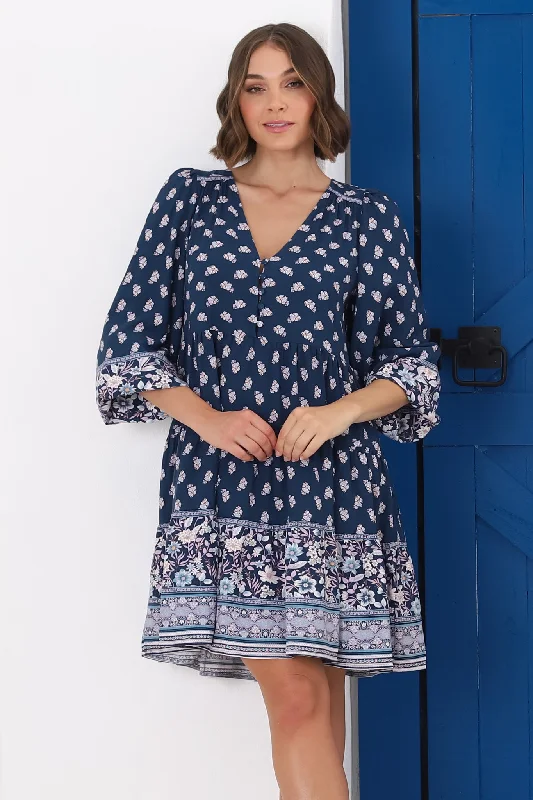 Jaynie Mini Dress - Long Balloon Sleeve Smock Dress in Linnie Print