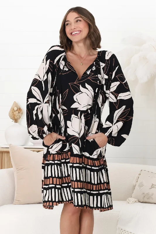 Larah Mini Dress -V Neck Ruffled Smock Dress in Ravenna Print