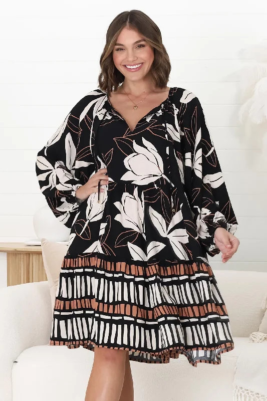 Larah Mini Dress -V Neck Ruffled Smock Dress in Ravenna Print