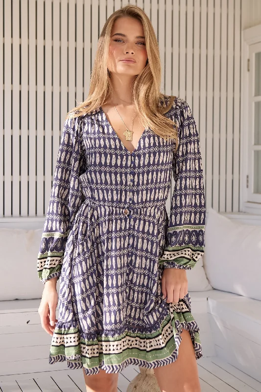 JAASE - Lizzie Long Sleeve Mini Dress: Button Down Dress with Pockets in Lorena Print