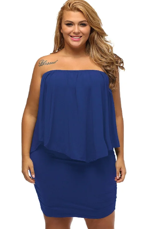 Multi-way Layered Ruffle Blue Plus Size Mini Dress