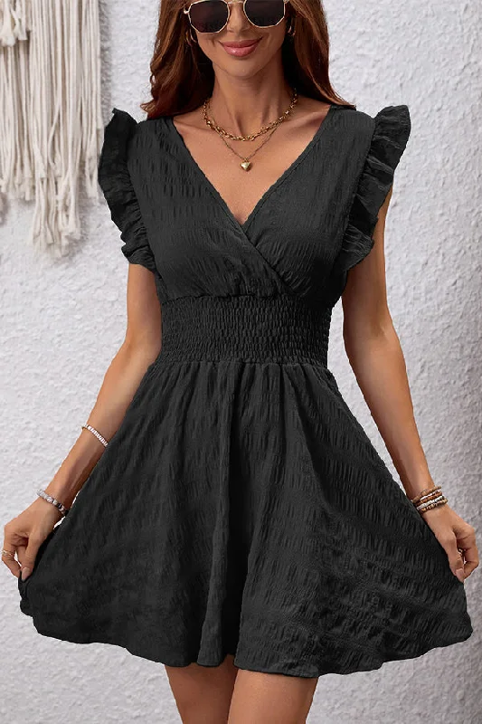 Solid Black V Neck Ruffle Sleeve Mini Dress