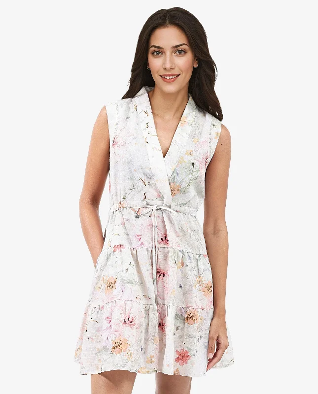 Rareism Women Trazo Multi Sleeveless Over Lap Neck Tie Up Fit And Flare Floral Print Mini Dress