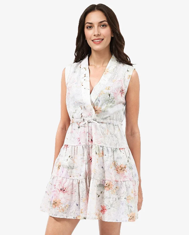 Rareism Women Trazo Multi Sleeveless Over Lap Neck Tie Up Fit And Flare Floral Print Mini Dress