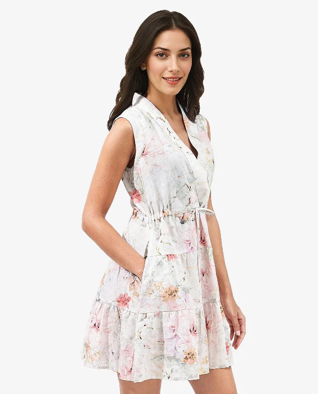 Rareism Women Trazo Multi Sleeveless Over Lap Neck Tie Up Fit And Flare Floral Print Mini Dress