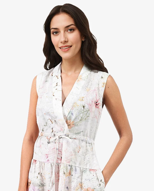 Rareism Women Trazo Multi Sleeveless Over Lap Neck Tie Up Fit And Flare Floral Print Mini Dress