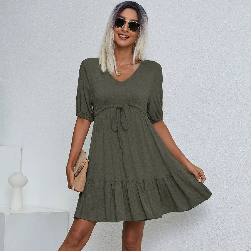 V Neck Drawstring Waist Solid Casual Mini Dress