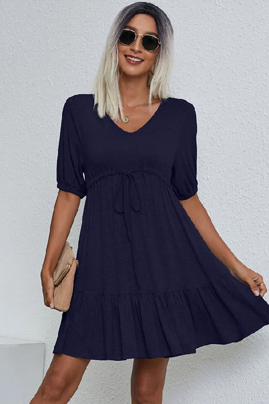 V Neck Drawstring Waist Solid Casual Mini Dress