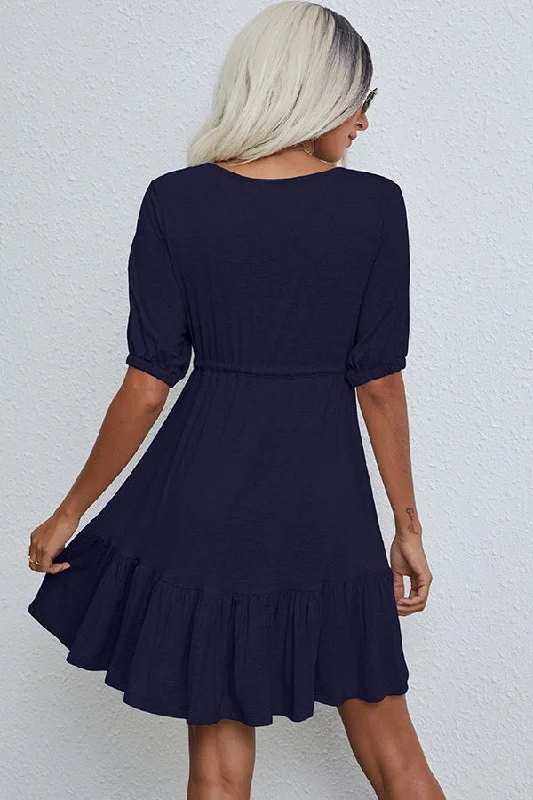 V Neck Drawstring Waist Solid Casual Mini Dress