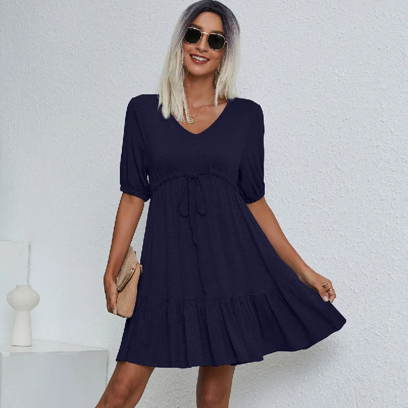 V Neck Drawstring Waist Solid Casual Mini Dress