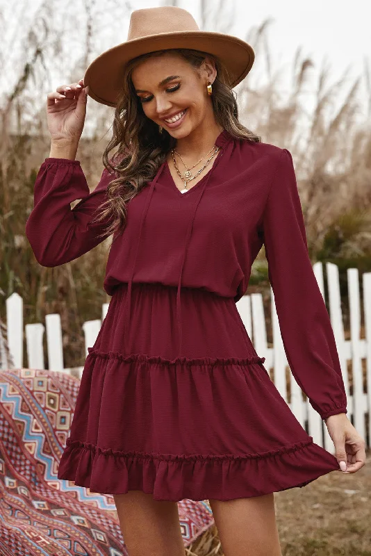 Wine V Neck Long Sleeve Ruffle Tiered Mini Dress